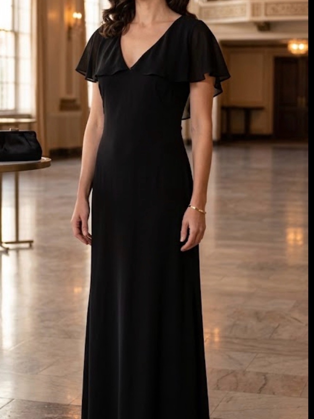 Ralph Lauren Black V-Neck Maxi Dress with Flutter Cap Sleeves